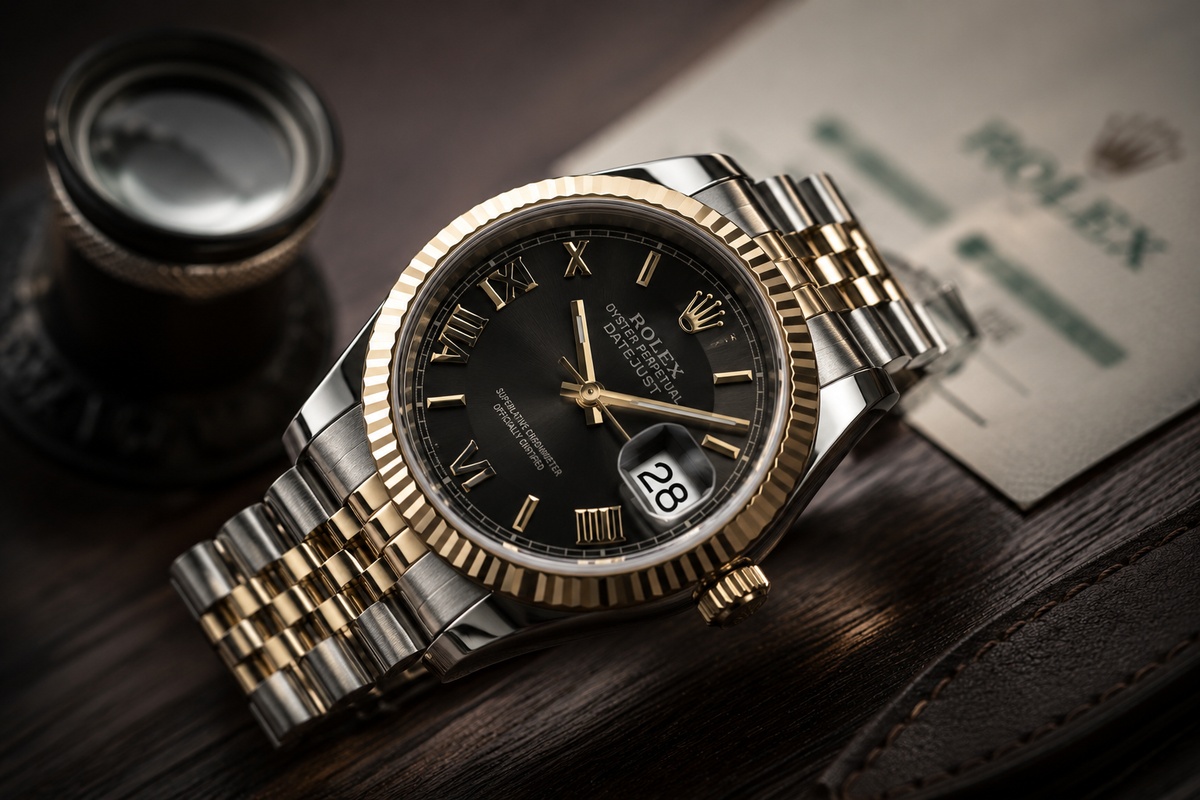 Cómo saber si un Rolex es original con lupa de joyero, reloj de lujo y documentación de autenticidad