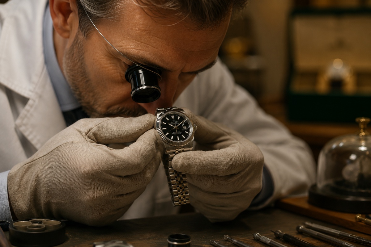 Relojero experto inspeccionando un Rolex original con lupa para comprobar autenticidad y detalles del reloj