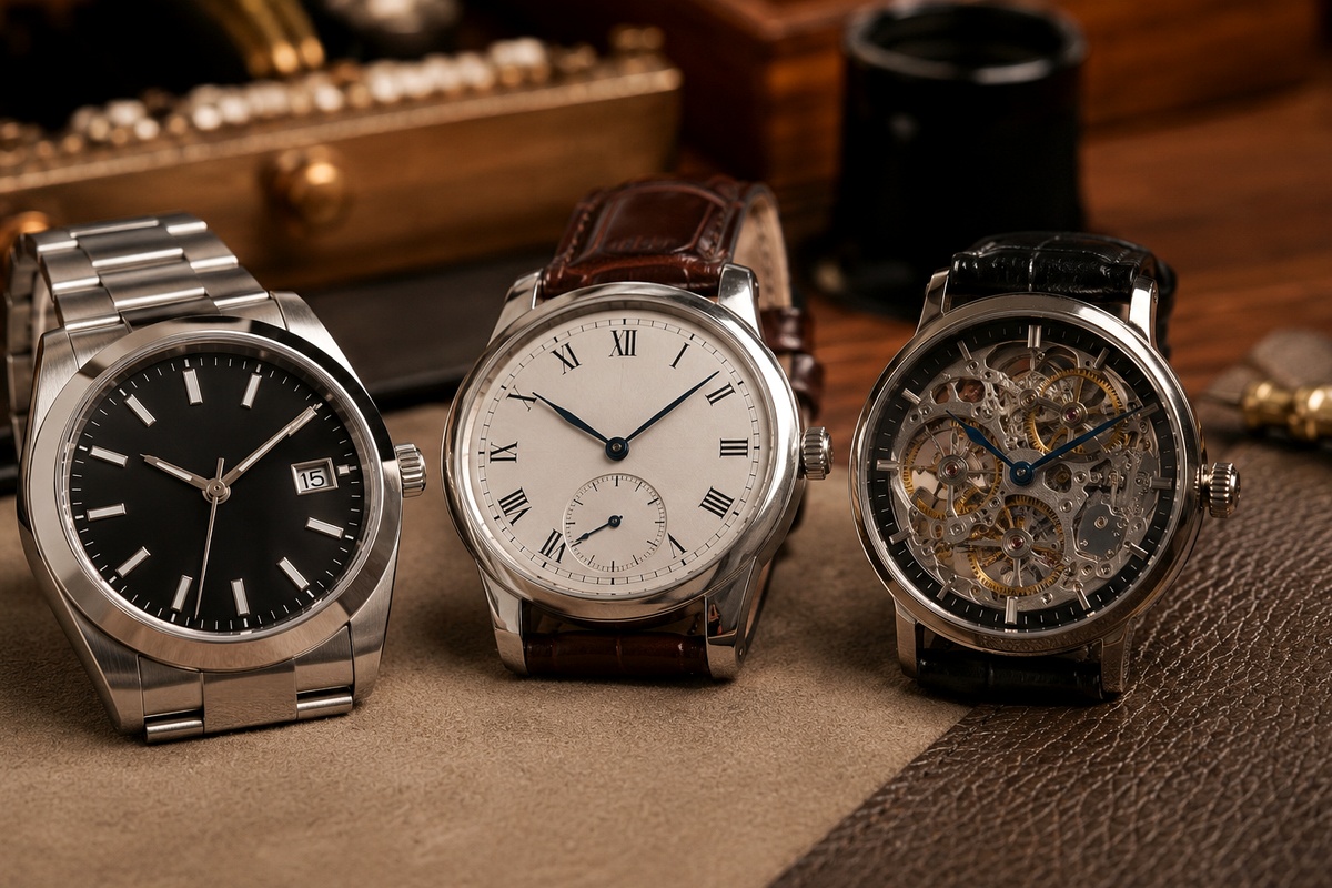 Relojes automáticos, de cuerda manual y de cuarzo comparados sobre mesa de relojero