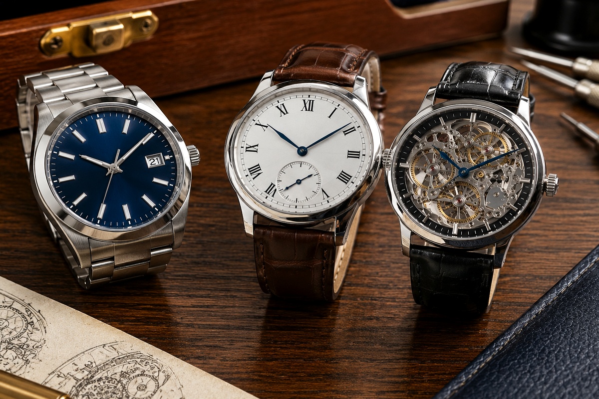 Comparativa visual de tres relojes de pulsera con movimientos automático, manual y cuarzo