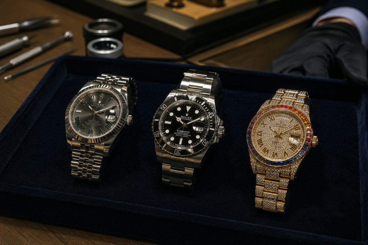Tipos de Rolex, réplicas y falsificaciones comparados en bandeja de joyería con relojes de lujo
