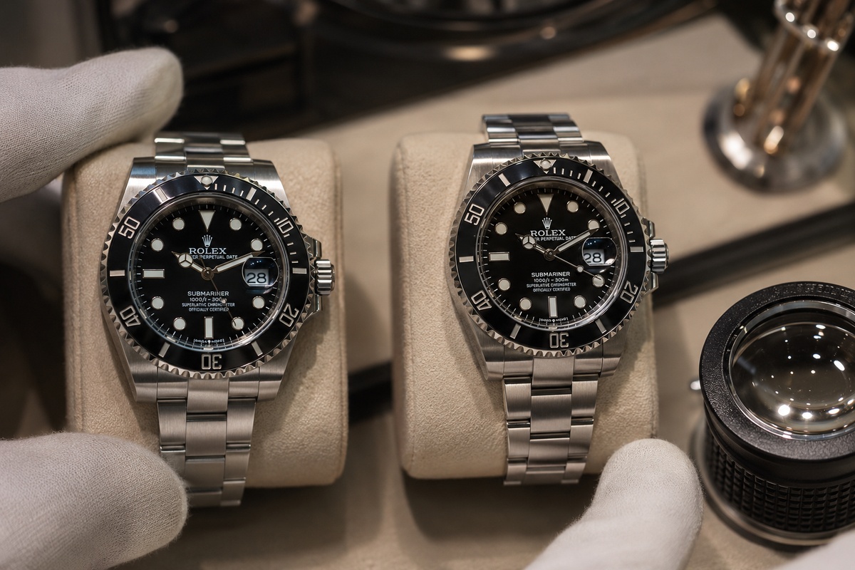 Comparativa entre Rolex original y réplica exacta revisando esfera, bisel, lupa Cyclops y brazalete