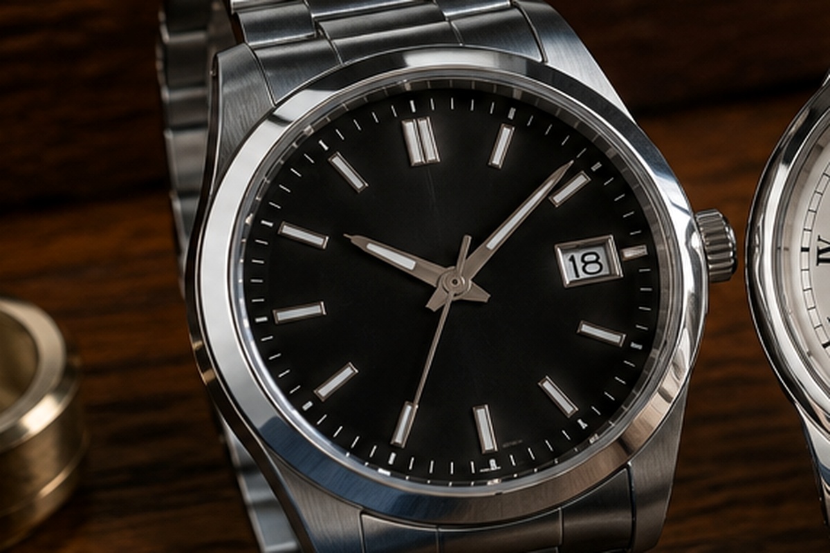 Reloj automático de uso diario con brazalete metálico sobre escritorio de madera