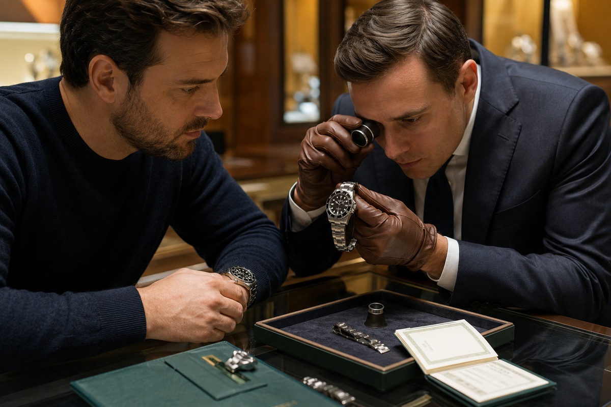 Cómo elegir y comprobar un Rolex antes de comprarlo con especialista revisando el reloj en joyería