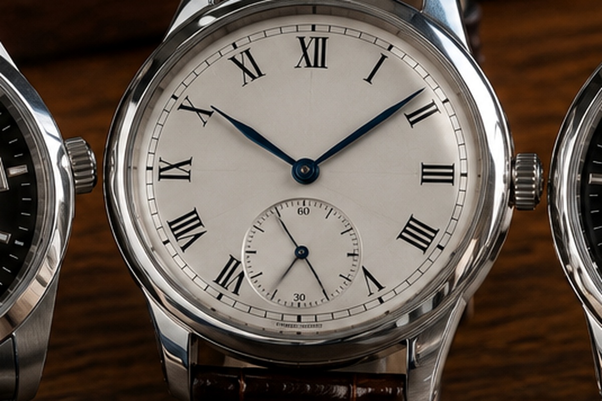 Reloj de cuerda manual clásico con correa de piel y esfera clara de estilo elegante