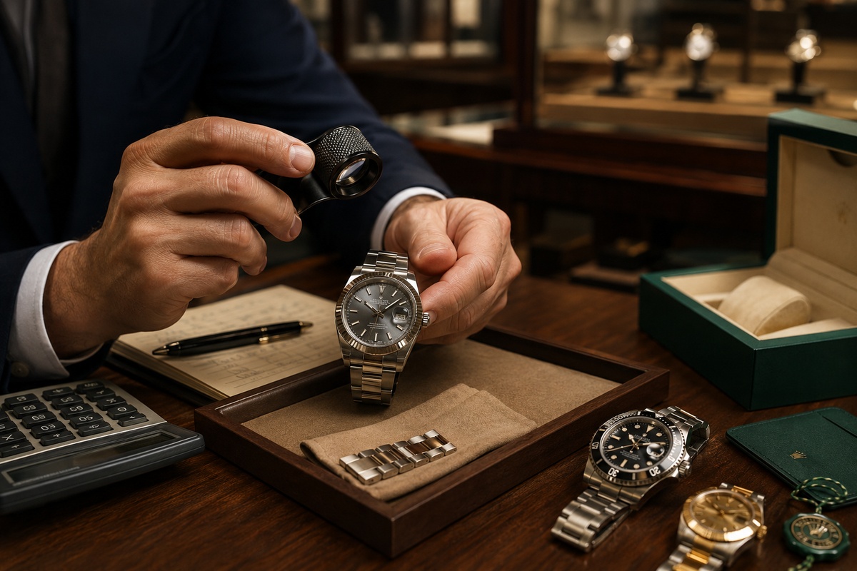 Precios y factores clave para valorar un Rolex auténtico con lupa profesional, calculadora y relojes de lujo