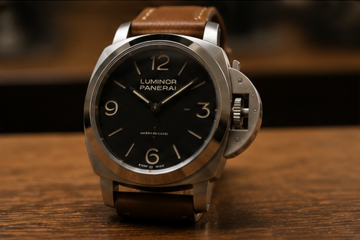 Reloj de lujo con caja grande y correa de piel sobre mesa de madera