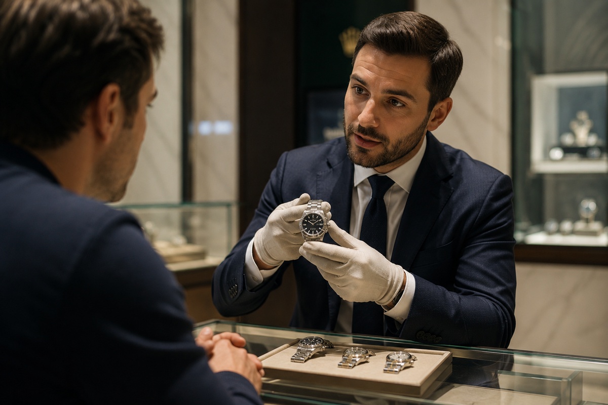 Preguntas frecuentes sobre cómo saber si un Rolex es original con experto mostrando detalles del reloj
