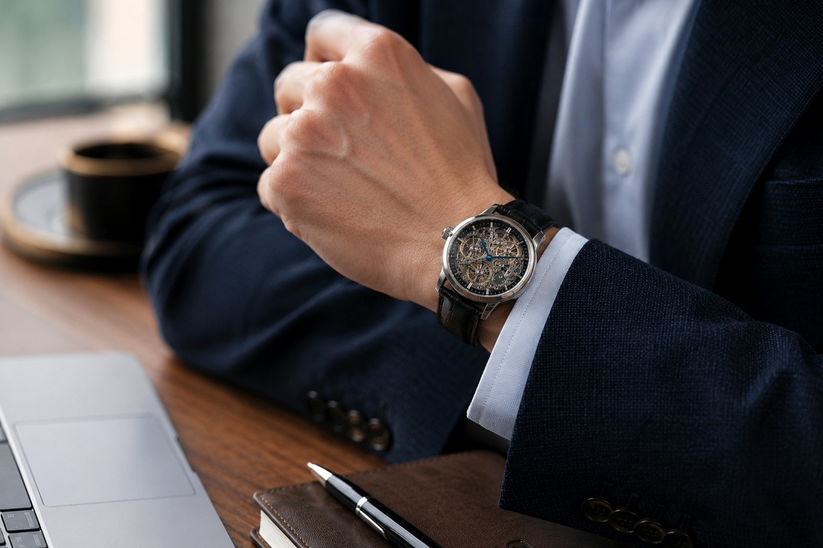 Hombre con reloj elegante en la muñeca durante una jornada de oficina, ideal para elegir reloj según estilo de vida