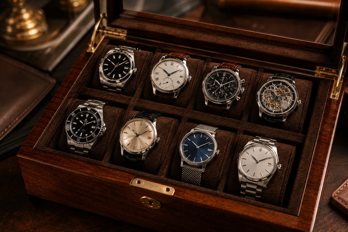 Colección de relojes automáticos, de cuerda manual y de cuarzo guardados en una caja de madera