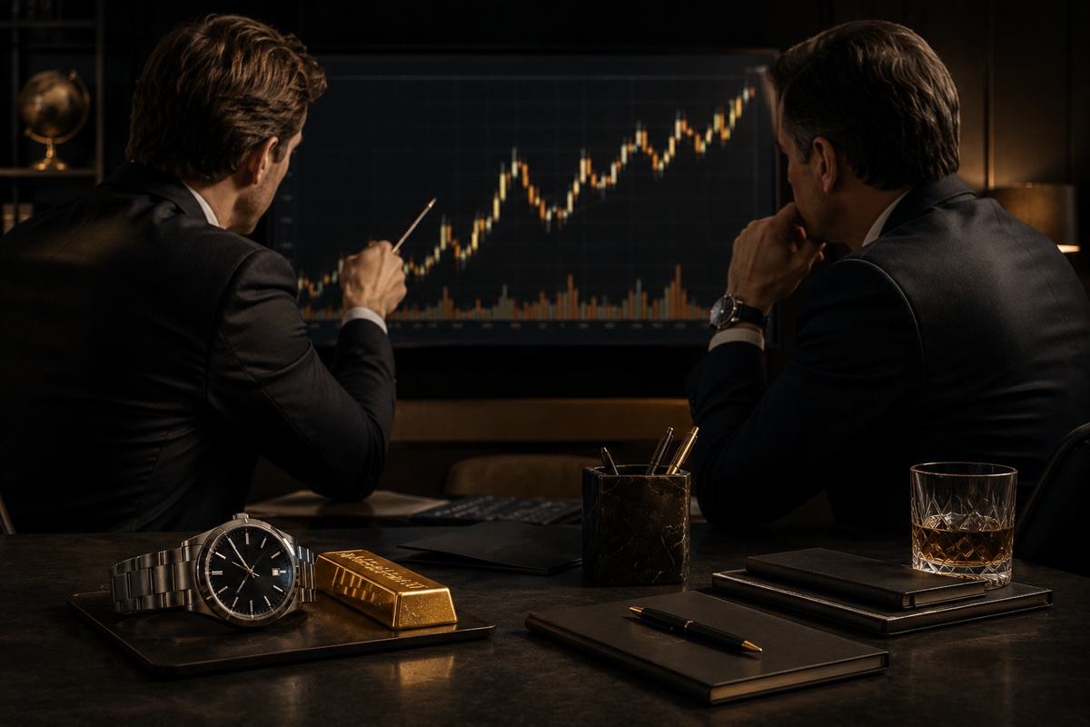 Analistas revisando gráficos sobre inversión en relojes de lujo y oro