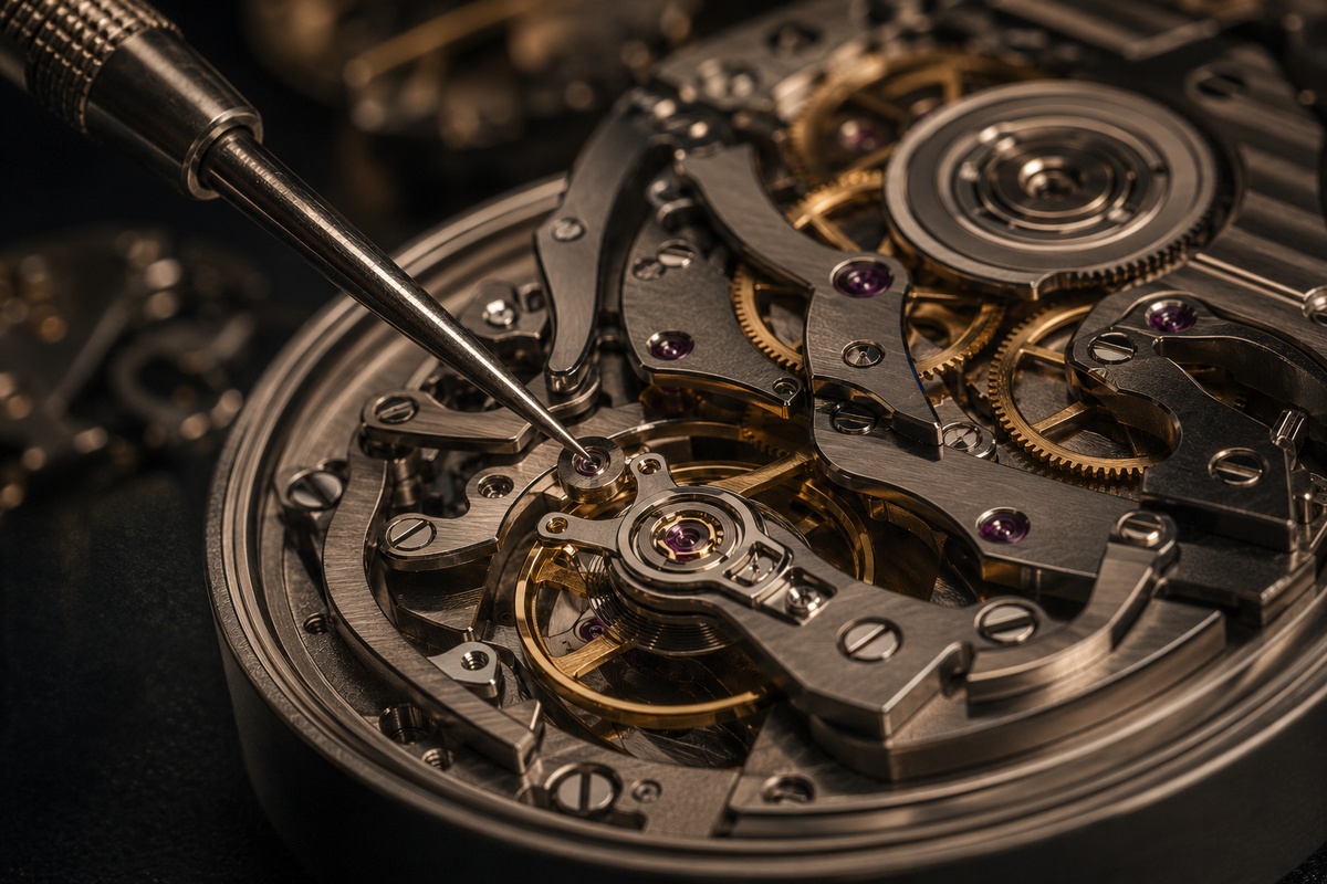 Mecanismo de reloj de lujo como detalle de alta relojería y valor de inversión