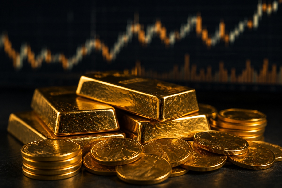 Lingotes y monedas de oro sobre gráfico financiero como activo refugio en 2026