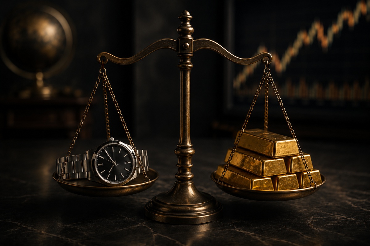 Balanza con reloj de lujo y lingotes de oro para comparar inversiones