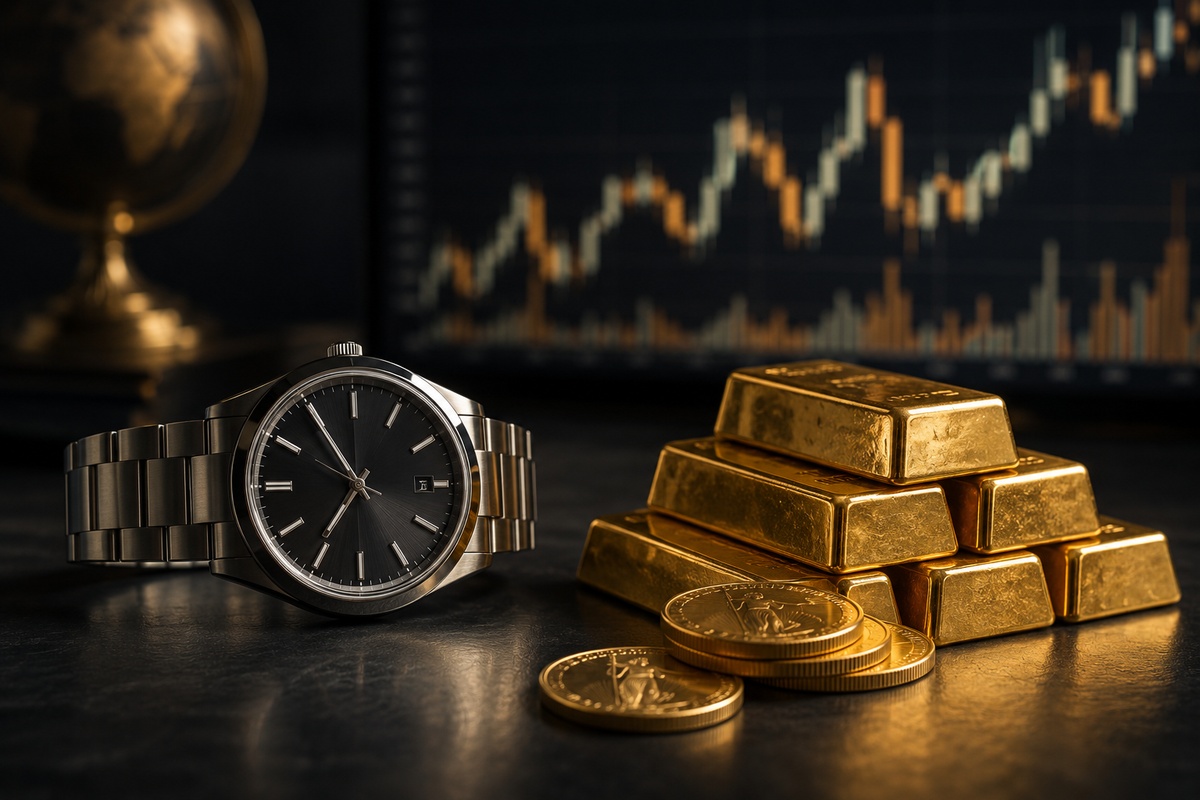Reloj de lujo junto a lingotes de oro para analizar inversión en 2026