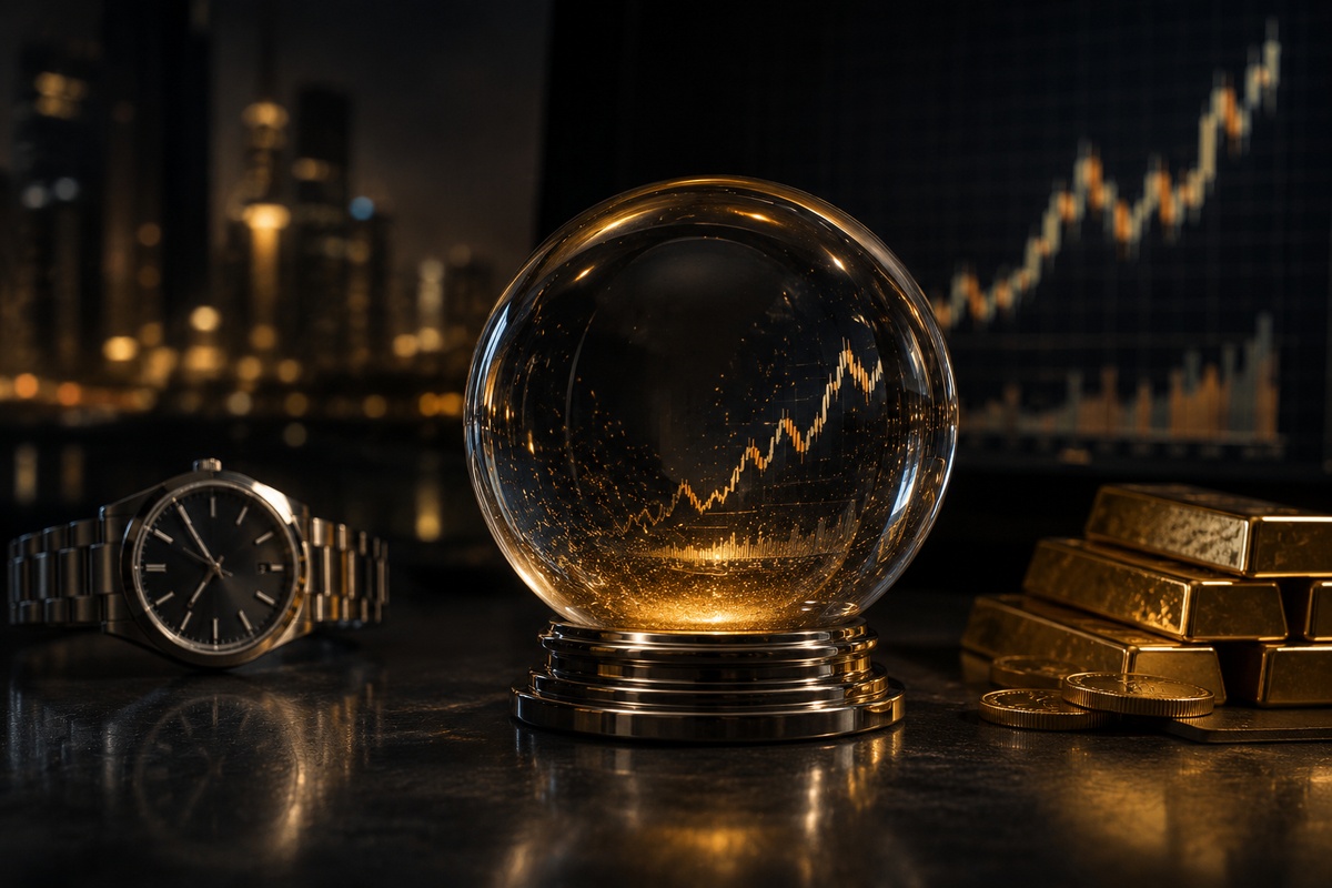 Reloj de lujo oro y gráfico financiero para analizar tendencias de mercado en 2026