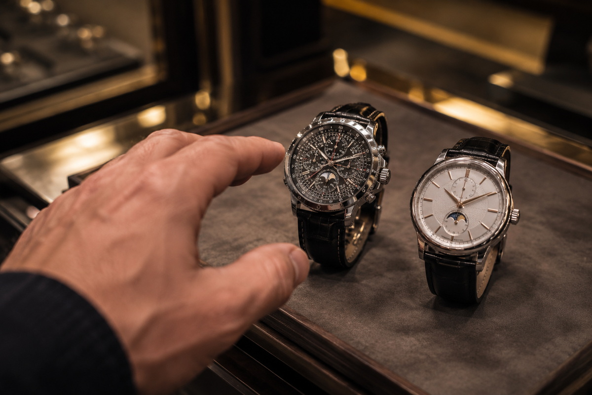 Persona eligiendo entre relojes de lujo para evitar errores comunes al comprar complicaciones relojeras