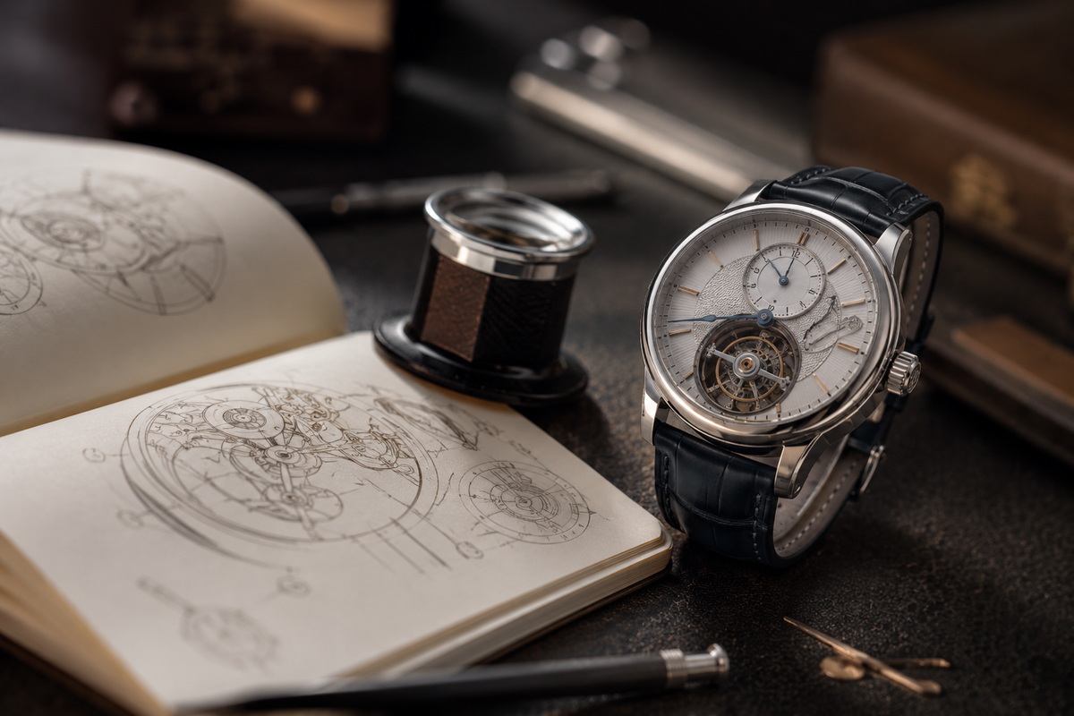 Reloj mecánico con tourbillon y bocetos técnicos para resolver preguntas frecuentes sobre complicaciones relojeras