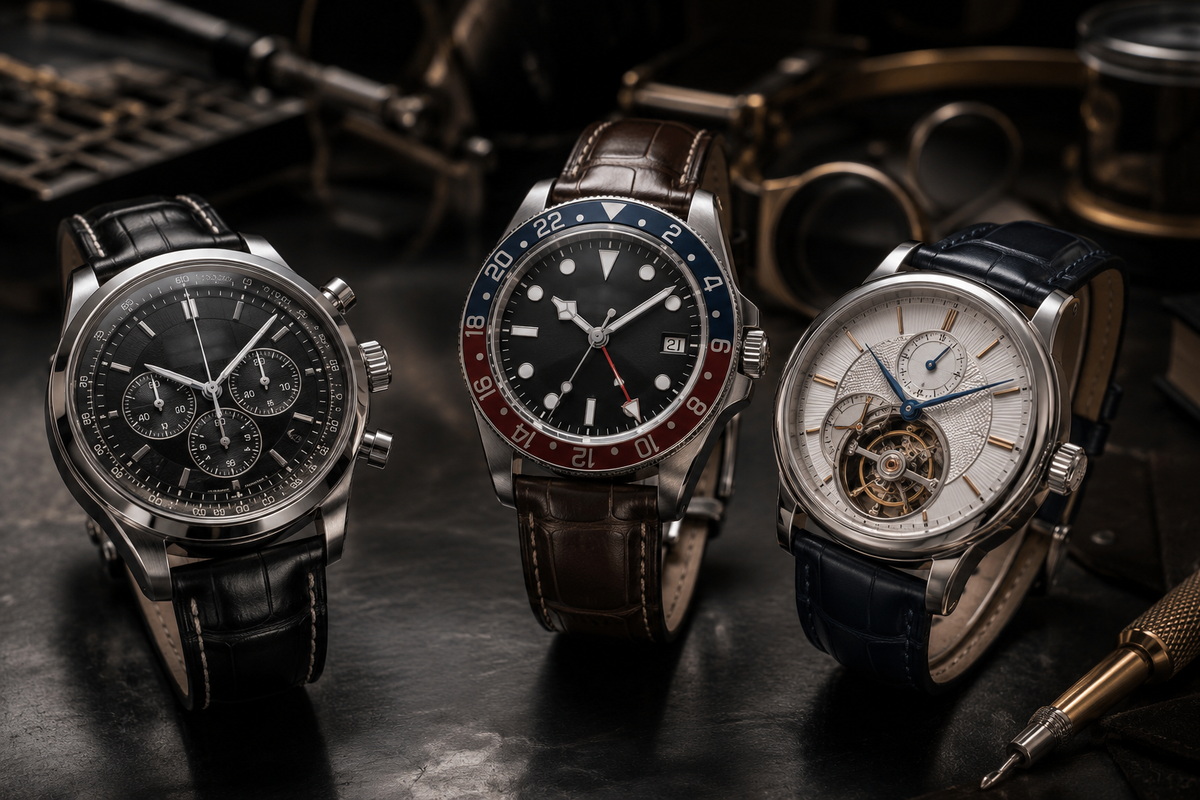 Guía de complicaciones relojeras con cronógrafo, reloj GMT y tourbillon de lujo sobre mesa elegante
