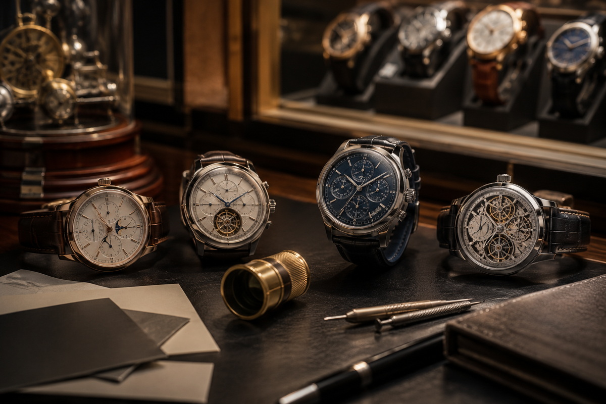 Relojes de lujo con complicaciones relojeras expuestos en boutique para analizar precios y factores de compra